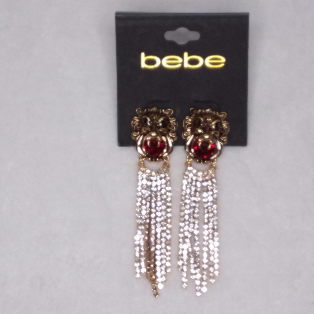 Dangle Pierce Earrings Tiger Head Gold Tone Bebe